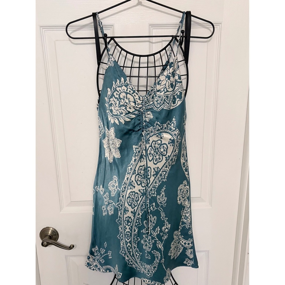 Zara Women's Small Teal Cream Paisley Satin Ruched Slip Dress